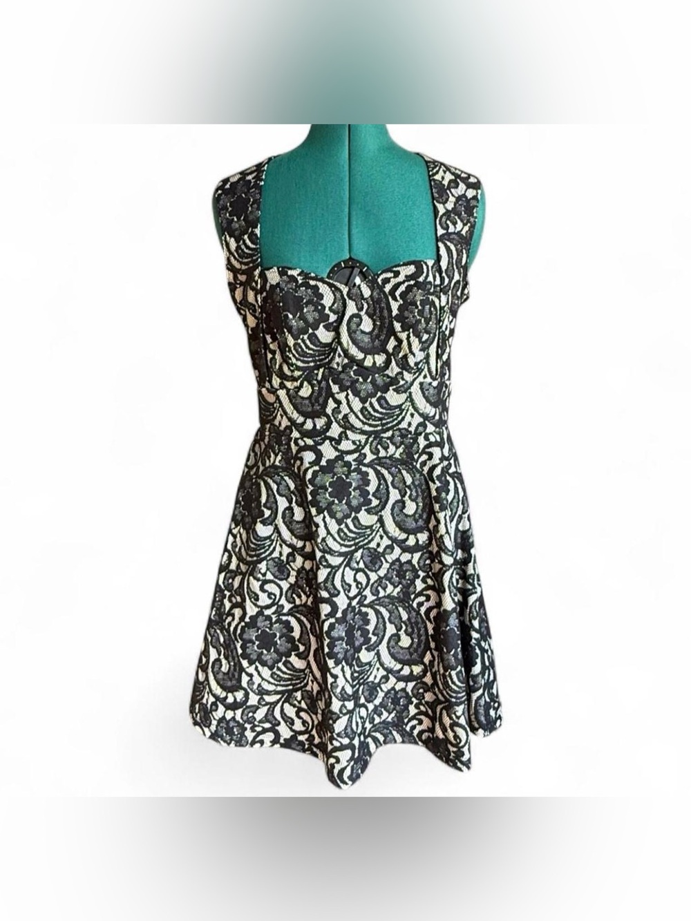 HeartSoul Black and Cream Lace Fit-and-Flare Mini Dress